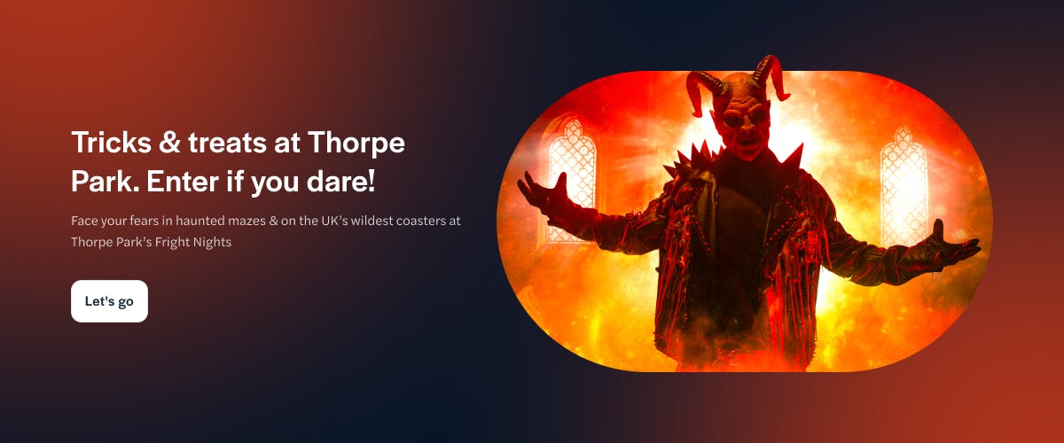 Thorpe Park Halloween promo with a devilish figure in fiery background.